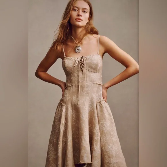 NEW NWT Anthropologie Corset Seamed Mini Cotton Linen Beige Flower Floral Dress - Picture 3 of 12